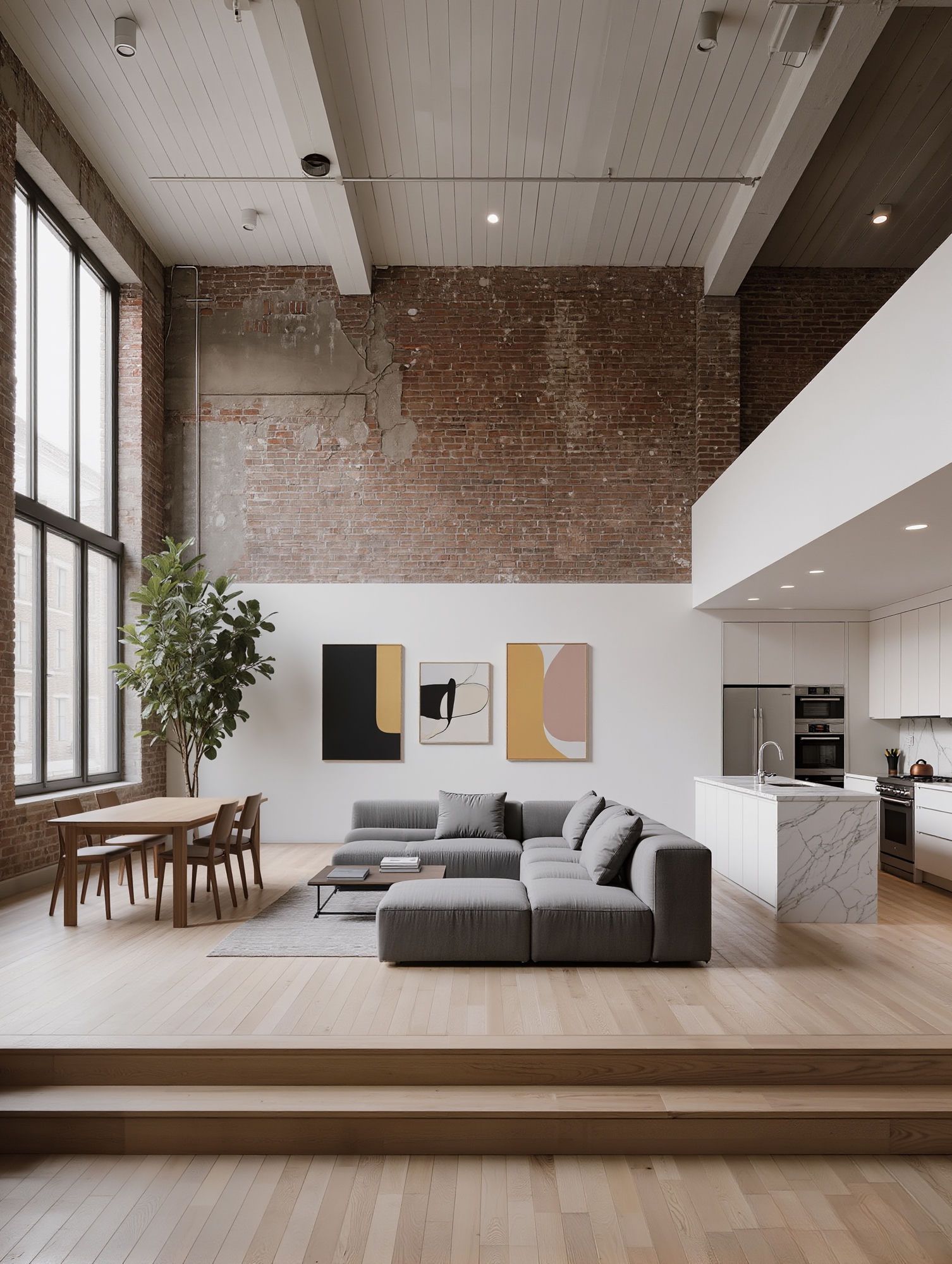 Double-height King West loft with exposed brick, industrial windows and a white marble kitchen