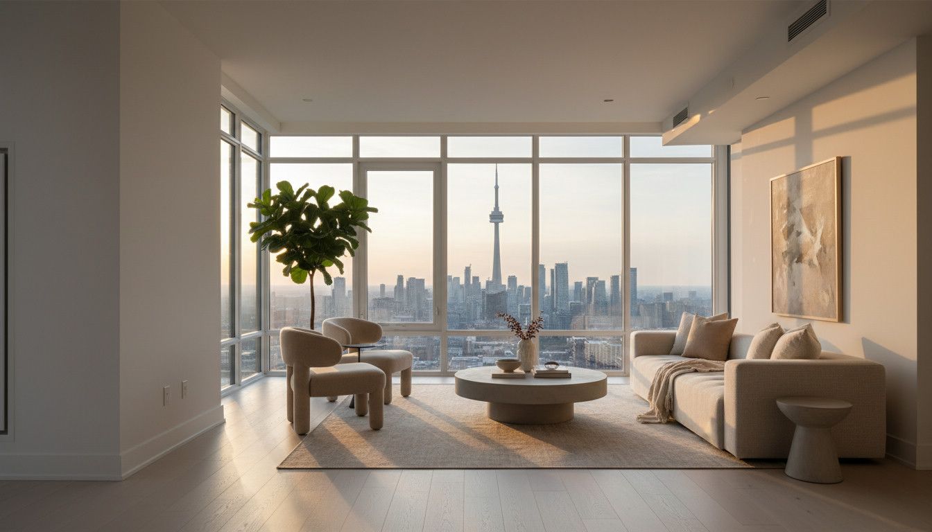 Midtown penthouse living room with floor-to-ceiling windows overlooking the Toronto skyline and CN Tower
