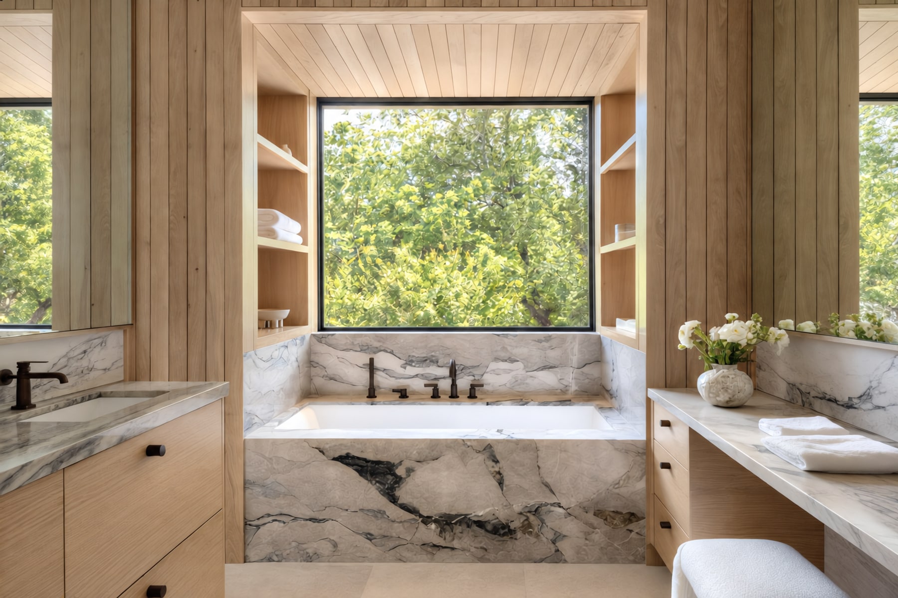 Warm oak cabinetry and veined marble surround a built-in bathtub beneath a large window overlooking trees
